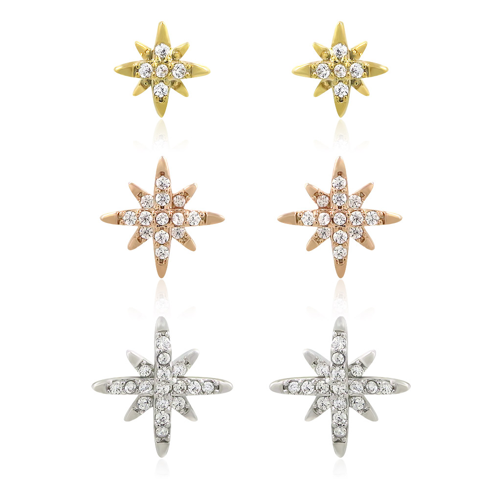Set Of Three Pairs Of Star Stud Earrings